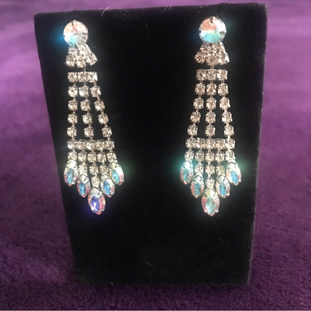 Vintage Crystal Chandelier Drop Earrings in Iridescent Blue